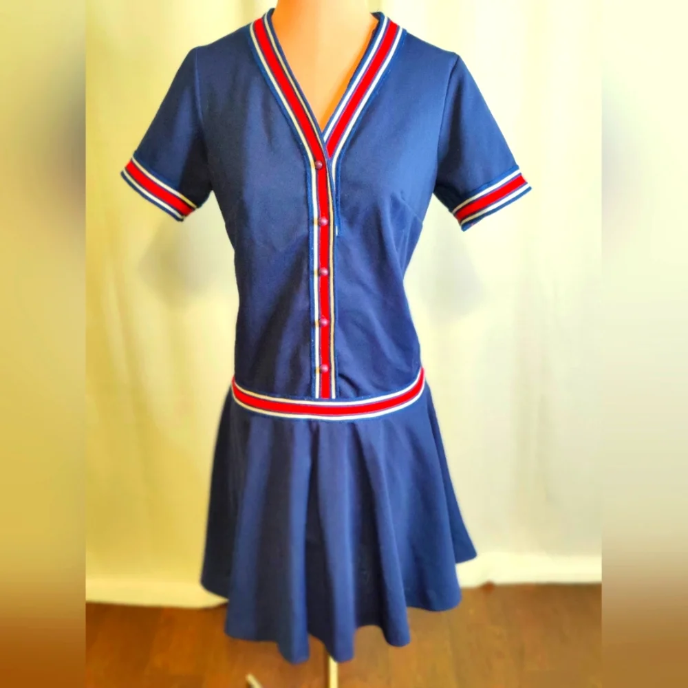Vintage Toni Todd 70s flippy skater mini dress button front red white blue M